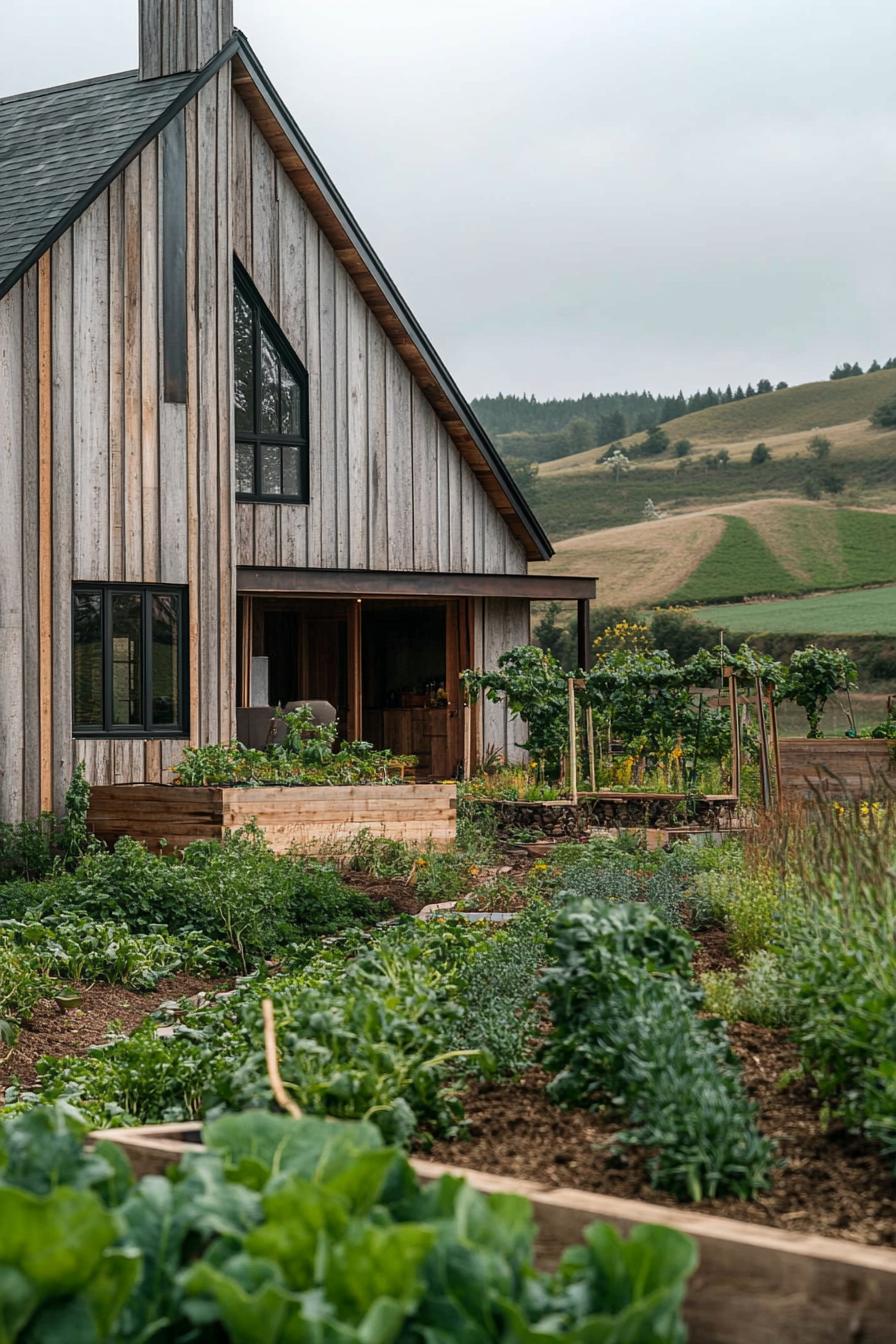 modern barn style house facade with reclaimed wood accents on a farm with veggie gardens green hills in the background 1