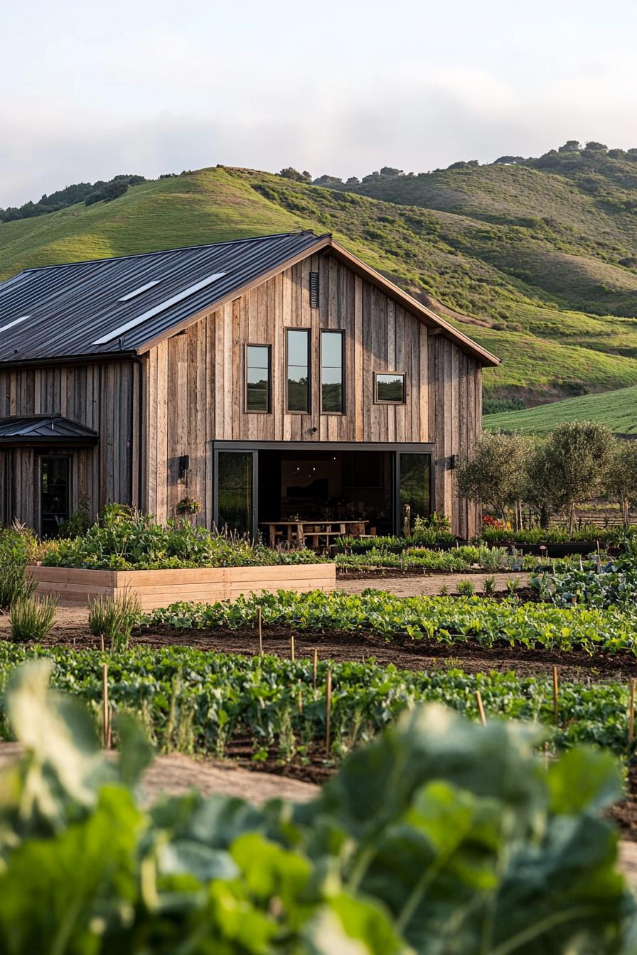 modern barn style house facade with reclaimed wood accents on a farm with veggie gardens green hills in the background 2