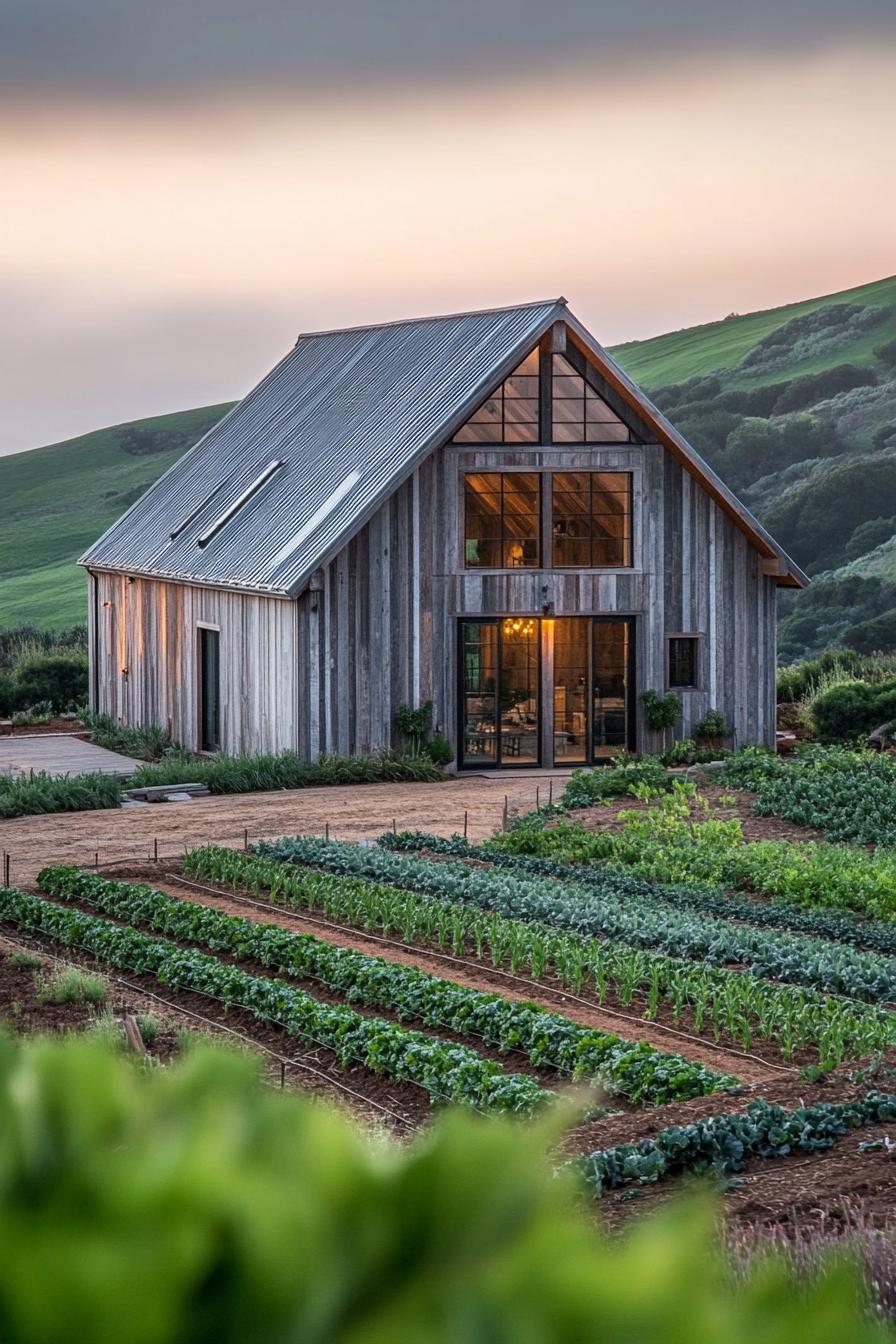 modern barn style house facade with reclaimed wood accents on a farm with veggie gardens green hills in the background 3