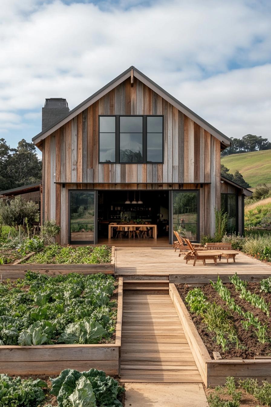 modern barn style house facade with reclaimed wood accents on a farm with veggie gardens green hills in the background