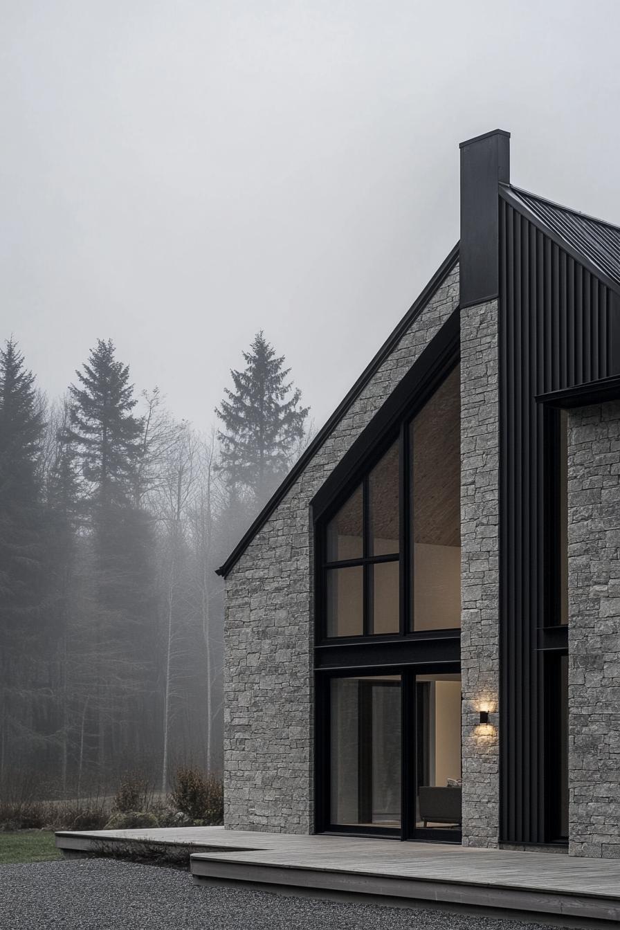 modern barndominium house grey stone facade with black trim misty Scandinavian forest views 1