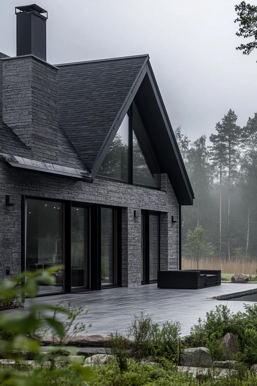 modern barndominium house grey stone facade with black trim misty Scandinavian forest views 2