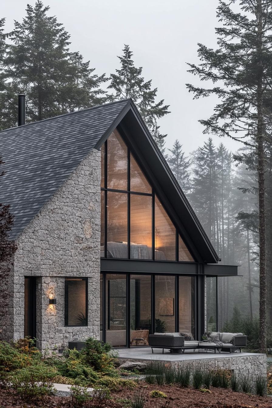 modern barndominium house grey stone facade with black trim misty Scandinavian forest views