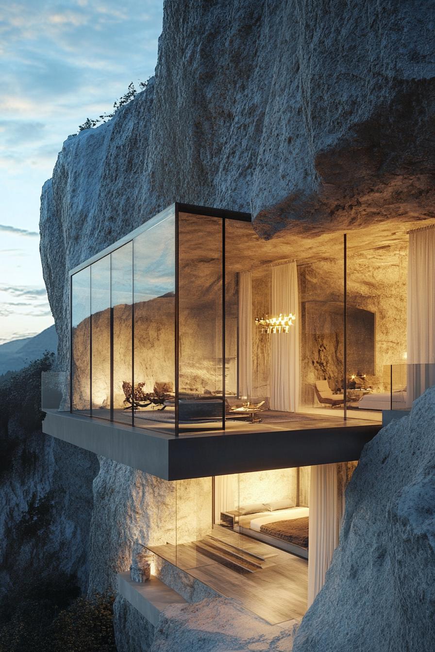 modern cave house inside a cliff glass facade overlooking stunning alpine landscape 1