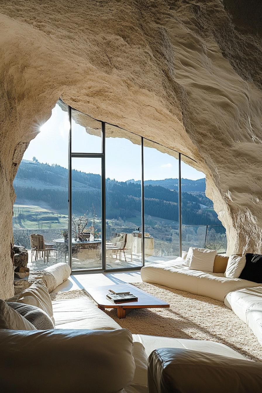 modern cave house inside a cliff glass facade overlooking stunning alpine landscape 3