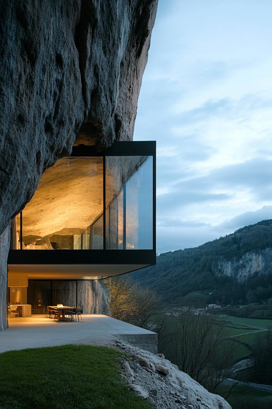 modern cave house inside a cliff glass facade overlooking stunning alpine landscape