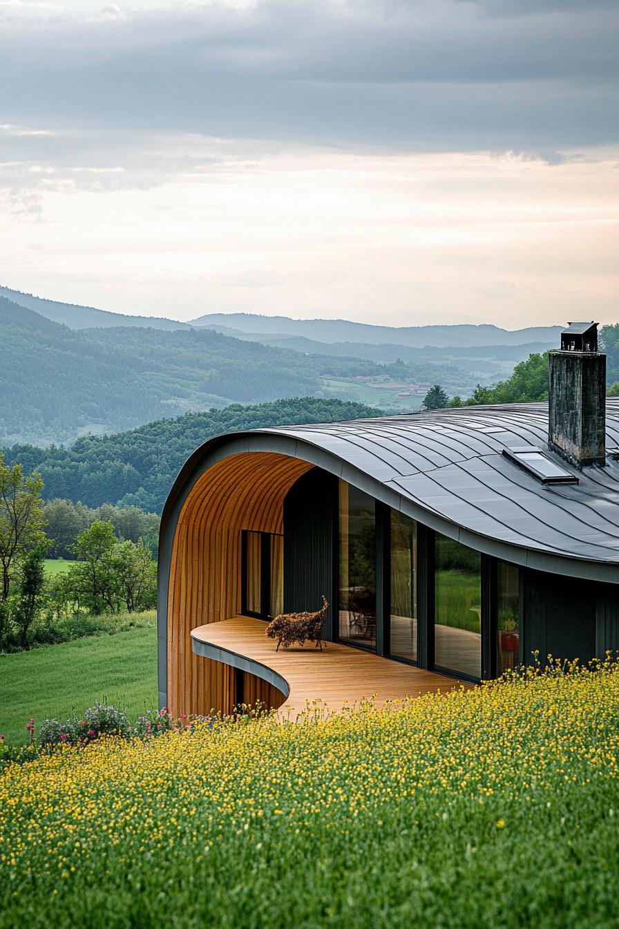 modern curved house with curved metal roof in stunning green fields 1