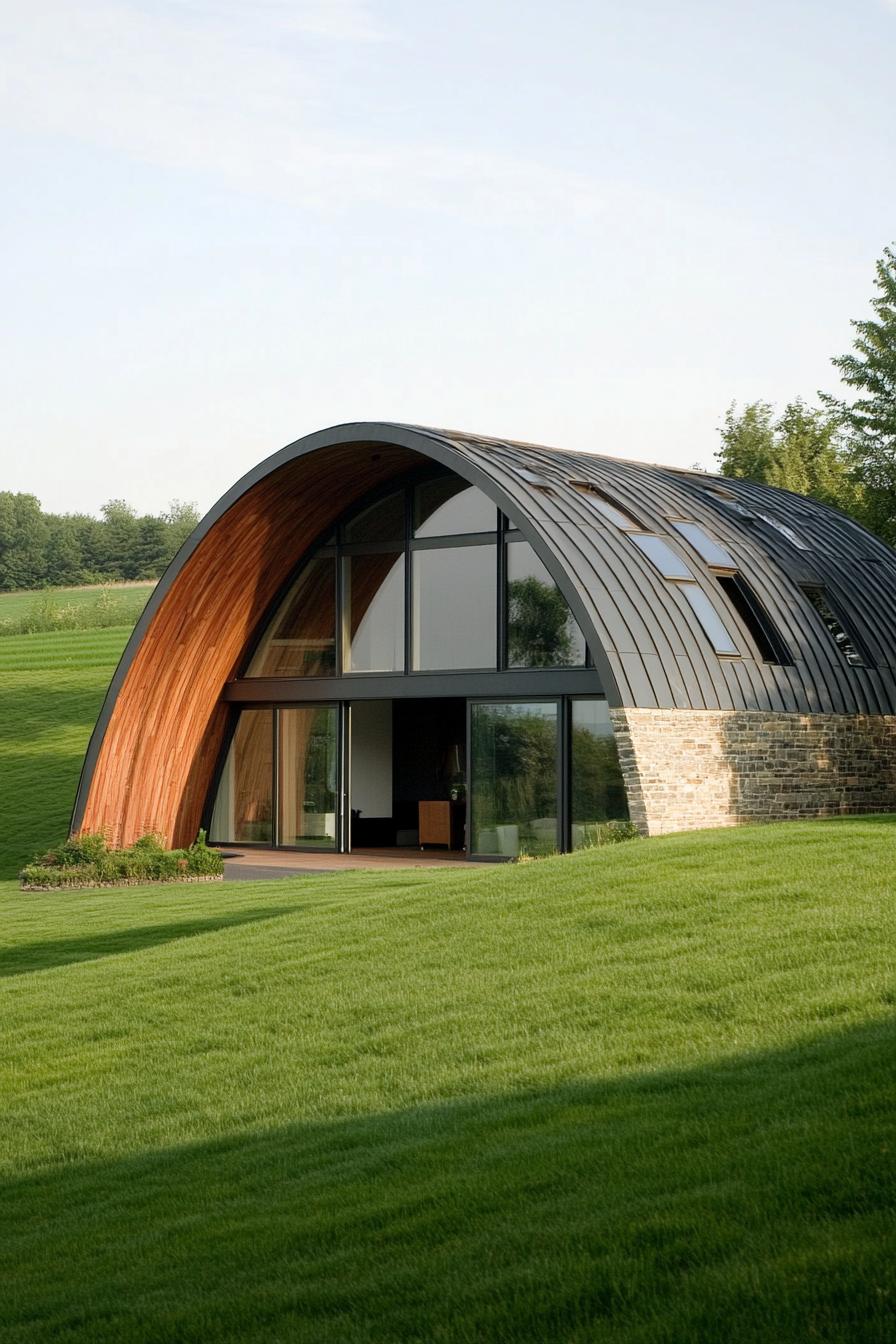 modern curved house with curved metal roof in stunning green fields 2