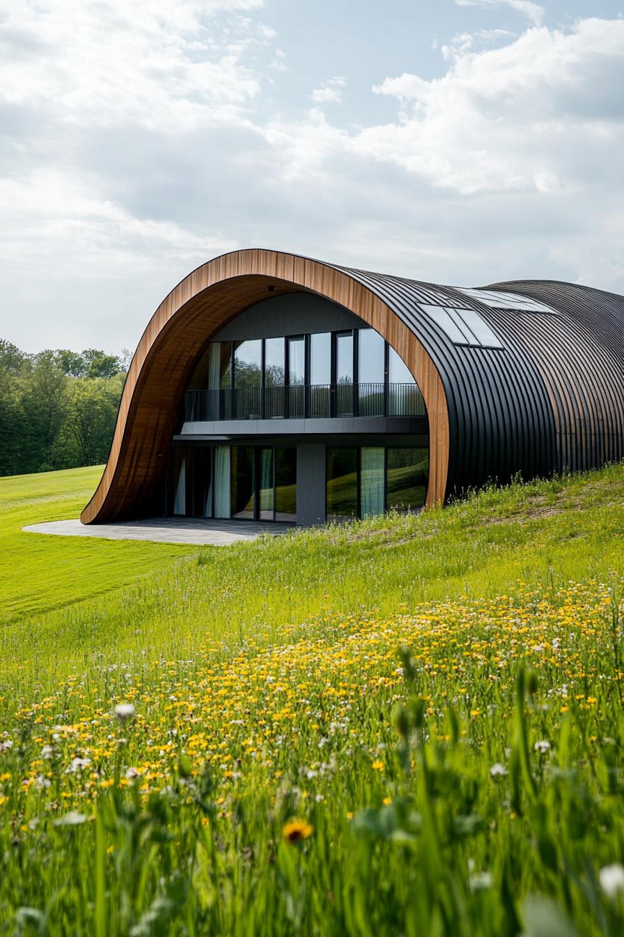 modern curved house with curved metal roof in stunning green fields 3