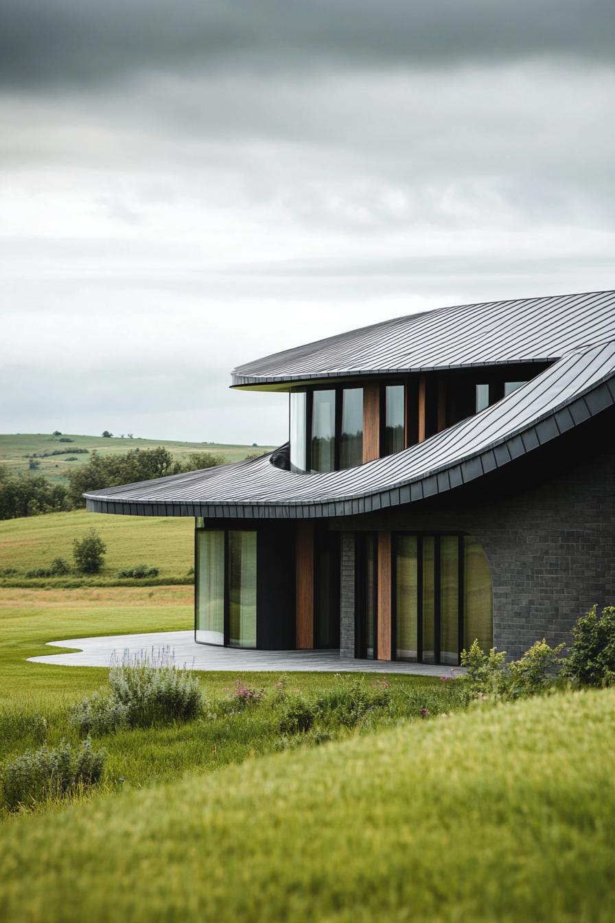 modern curved house with curved metal roof in stunning green fields