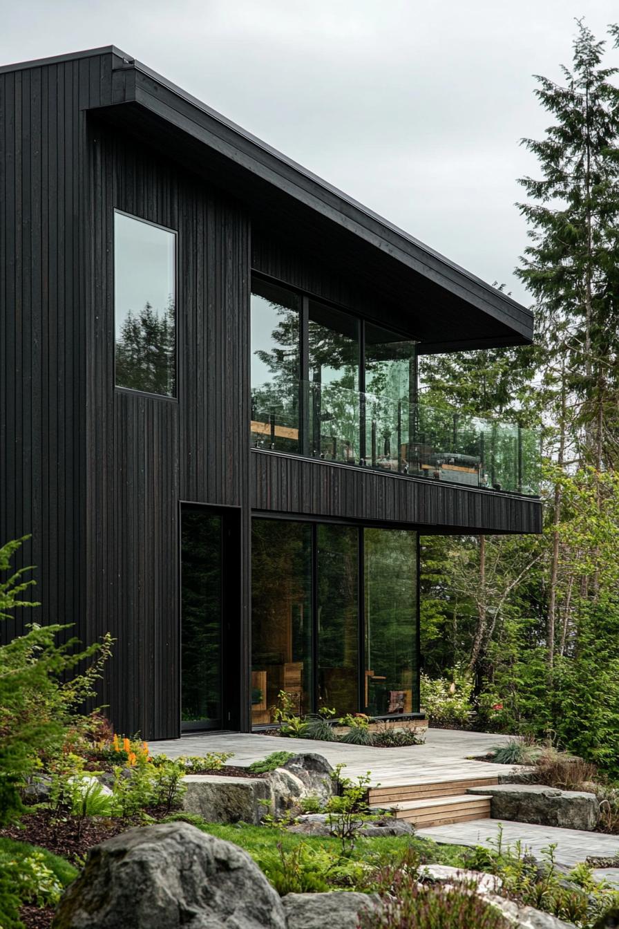 modern dark house with charred timber siding and glass accents