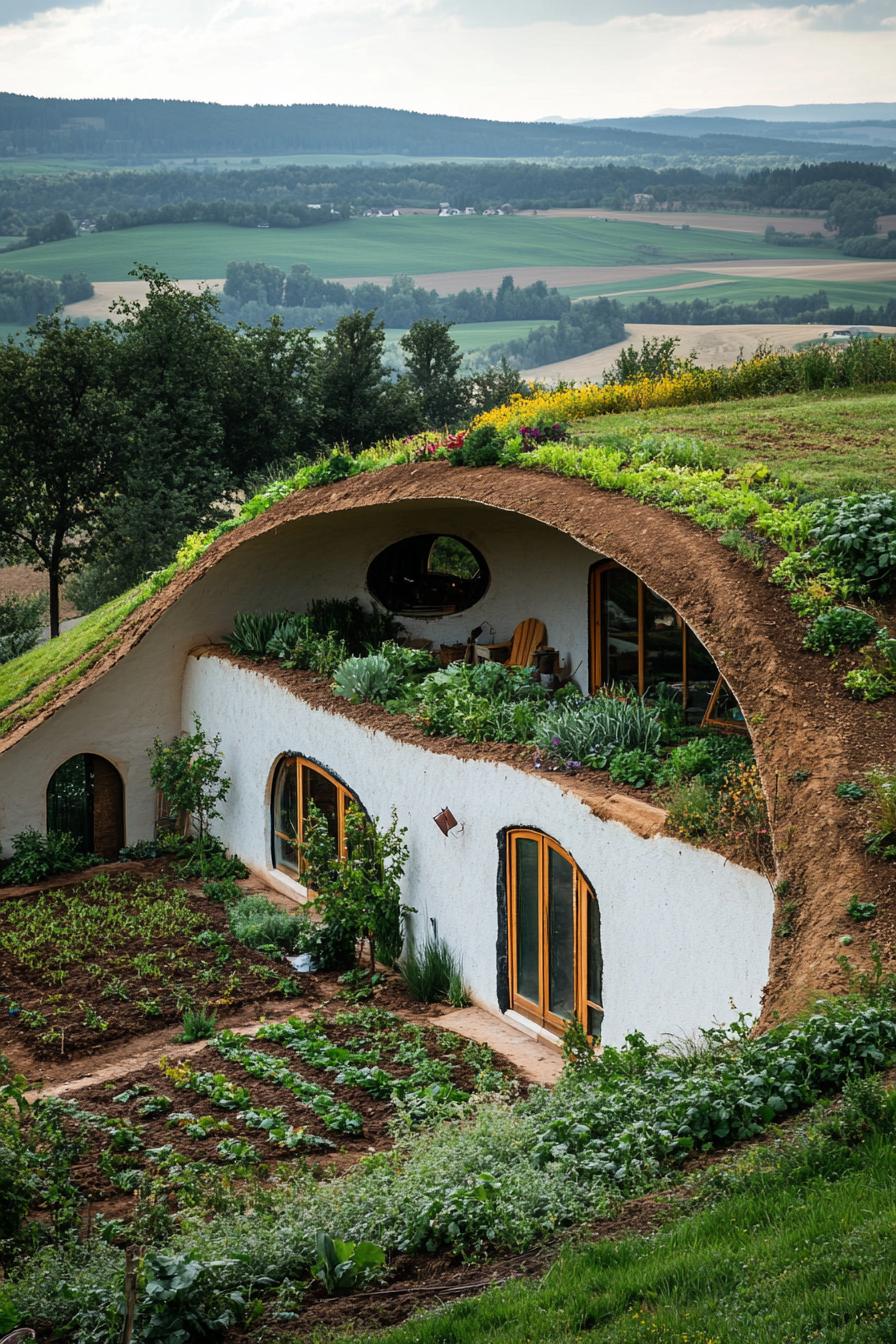 modern earth bermed house with earth covered roof with veggie garden in picturesque hilly farmlands 1