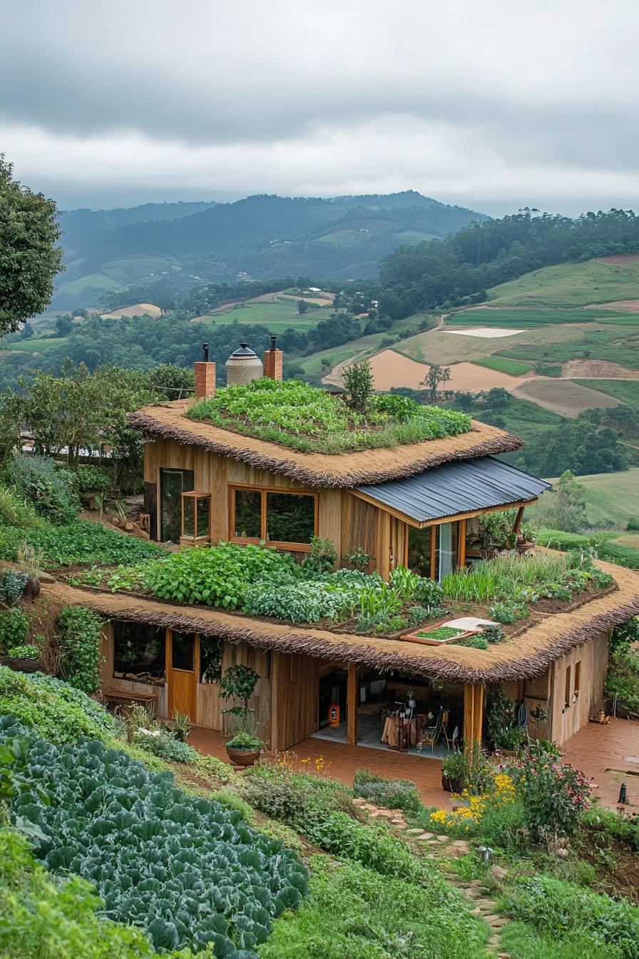 modern earth bermed house with earth covered roof with veggie garden in picturesque hilly farmlands 2