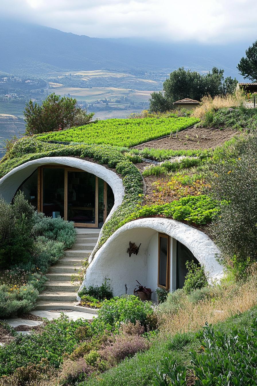 modern earth bermed house with earth covered roof with veggie garden in picturesque hilly farmlands 3