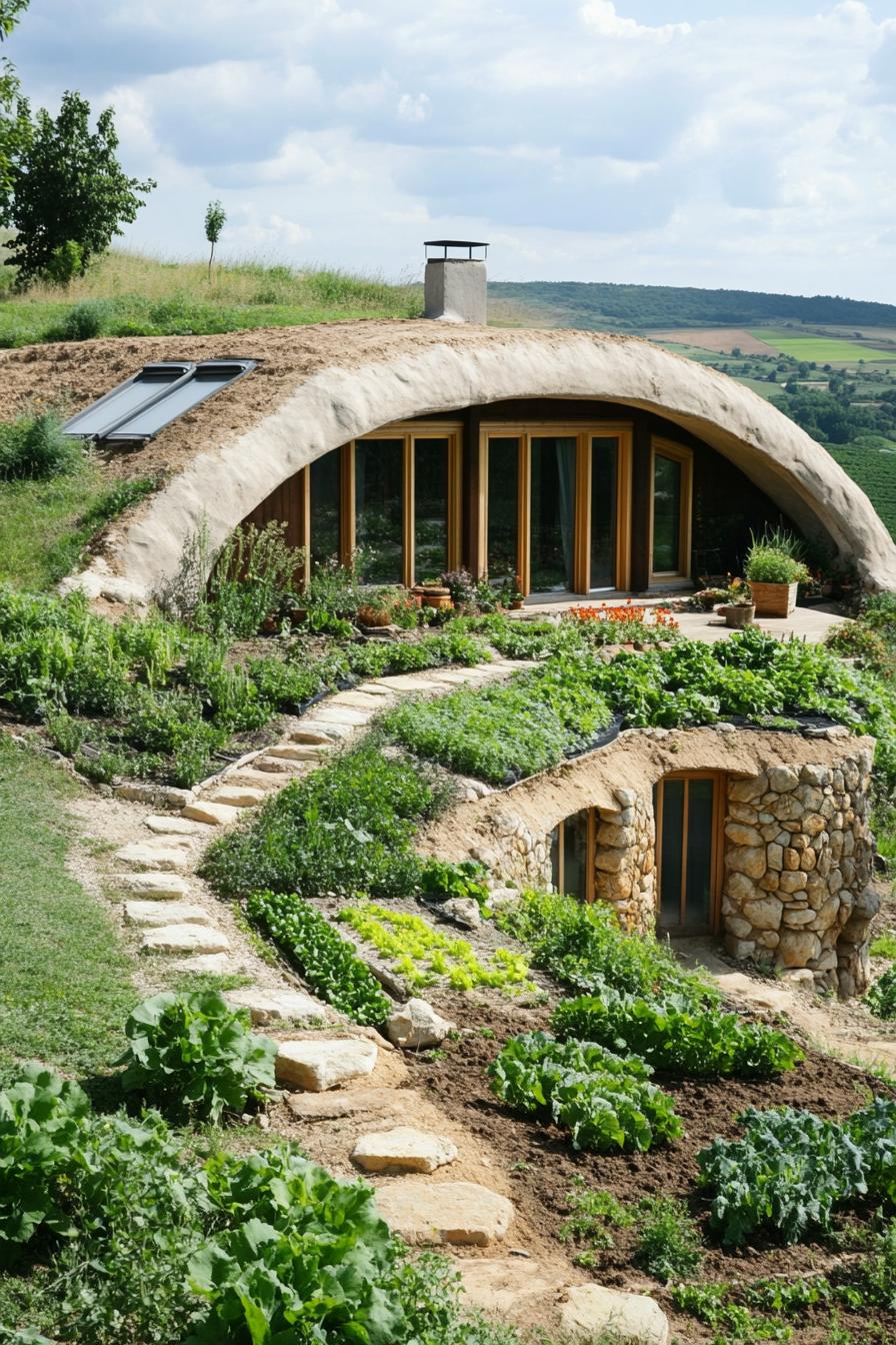 modern earth bermed house with earth covered roof with veggie garden in picturesque hilly farmlands