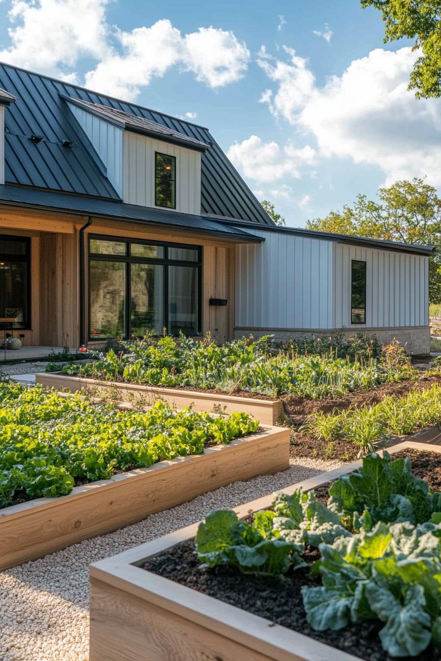 modern farmhouse L shaped house courtyard with vegetable garden