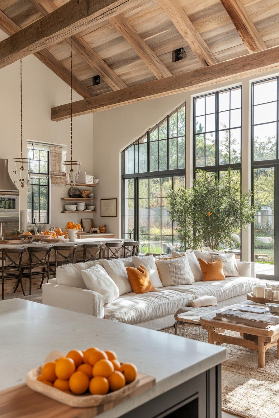 modern farmhouse interior open plan with rustic beams large windows overlooking orange trees 1