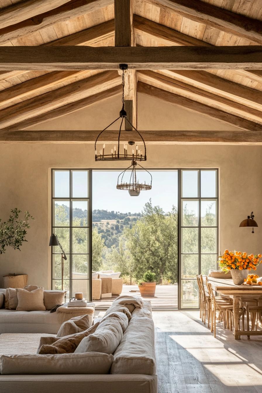 modern farmhouse interior open plan with rustic beams large windows overlooking orange trees 2