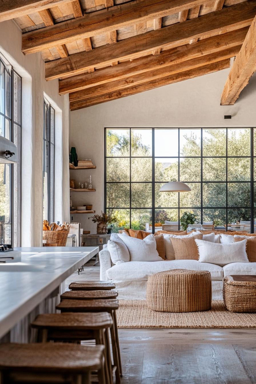 modern farmhouse interior open plan with rustic beams large windows overlooking orange trees 3