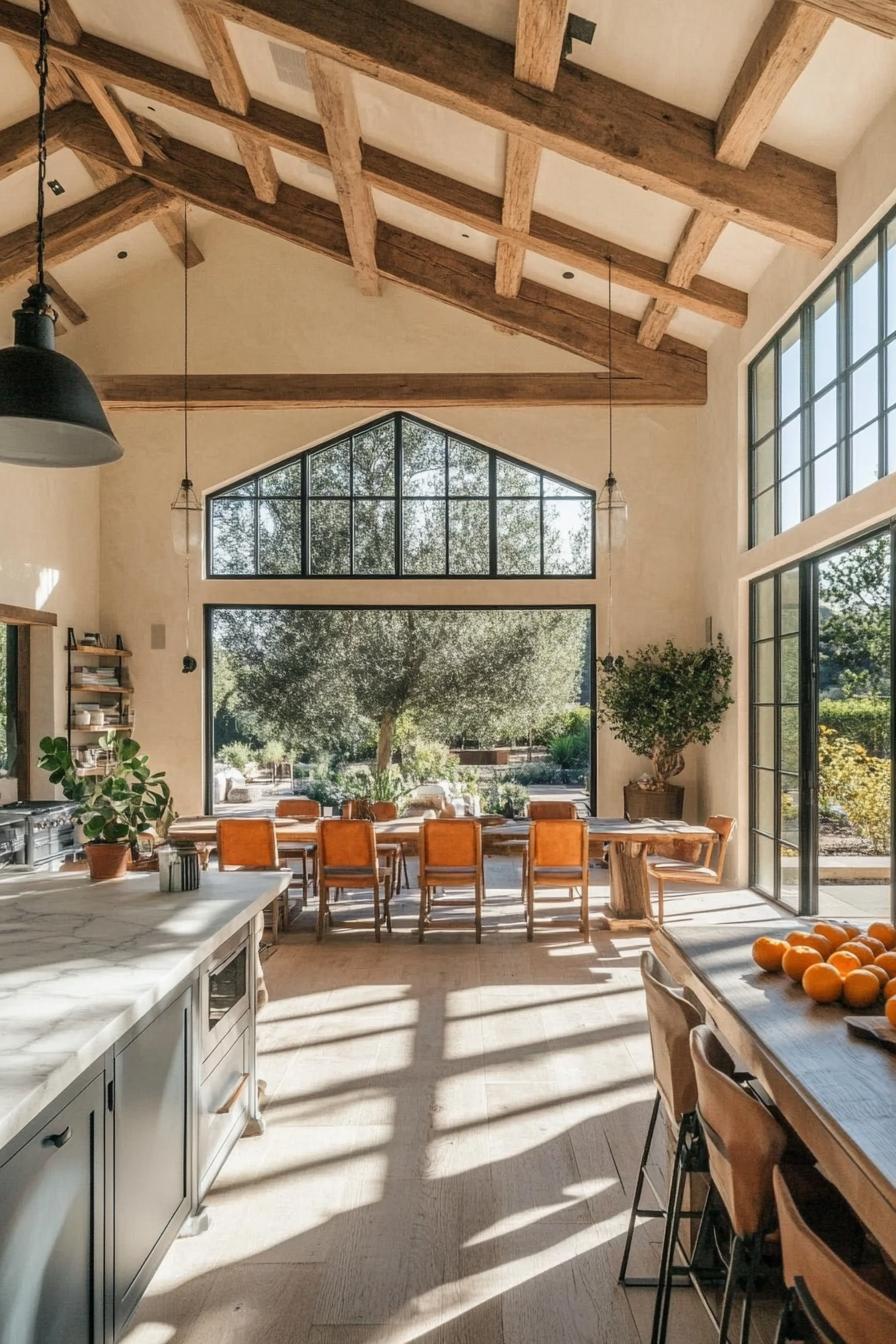 modern farmhouse interior open plan with rustic beams large windows overlooking orange trees