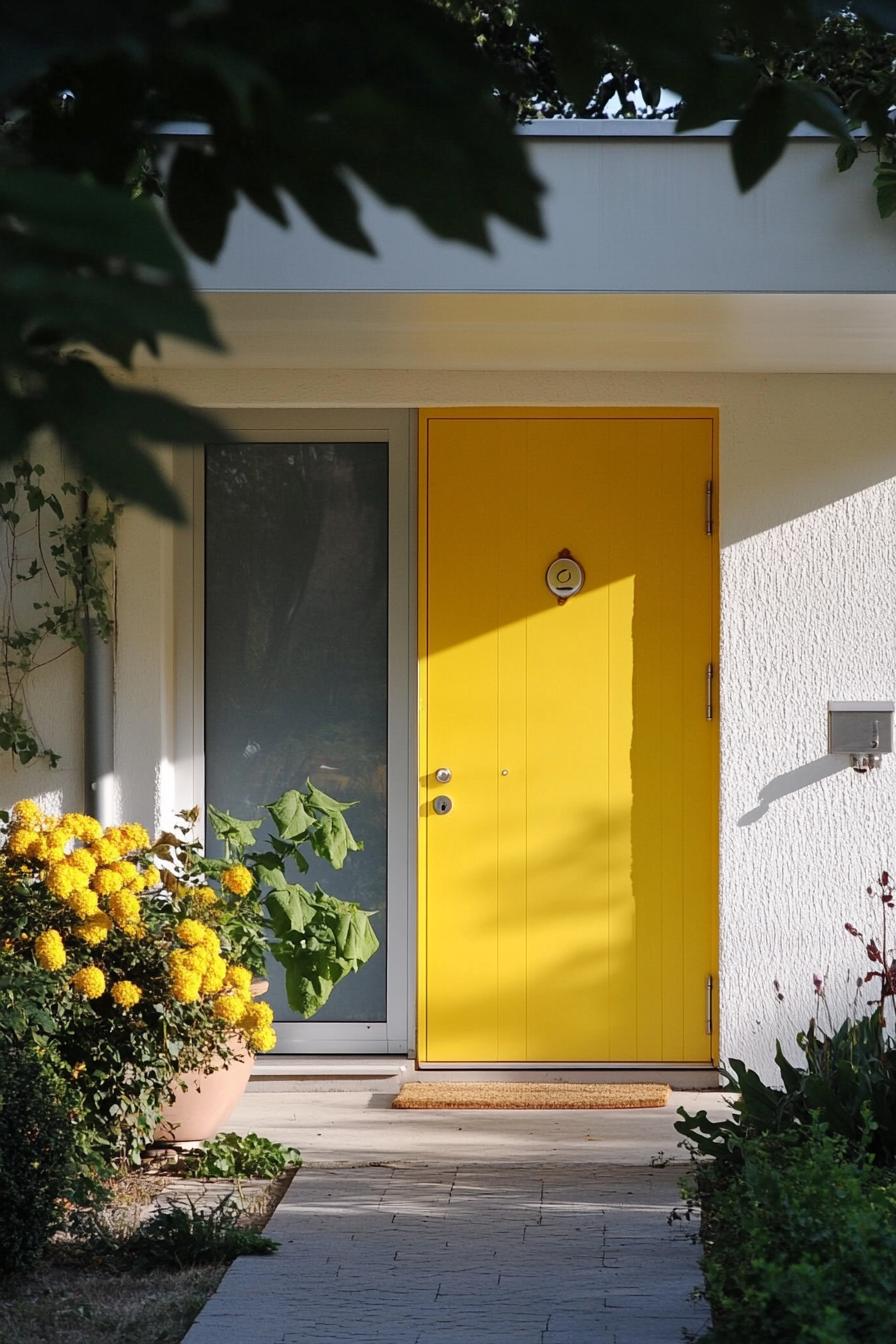 modern geometric house facade Soft Pastel Yellow Front Door With Chrome Accents