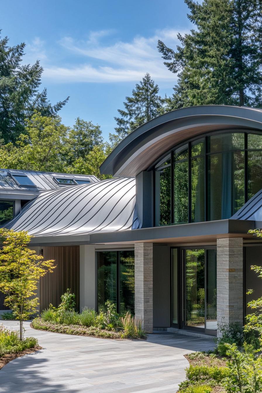 modern home facade with curved zinc roof