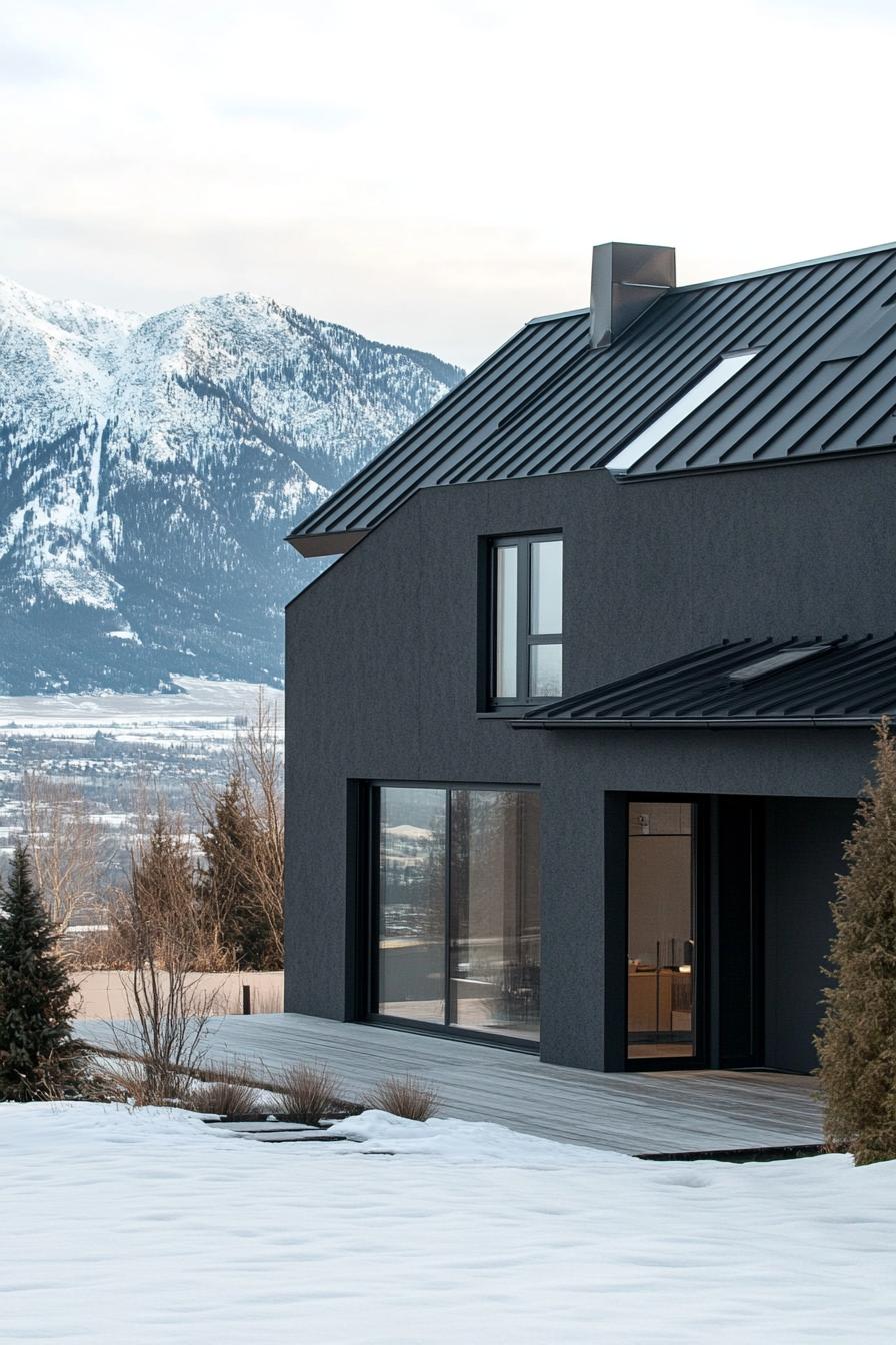 modern house charcoal stucco facade with black metal roof winter mountains in the background 1