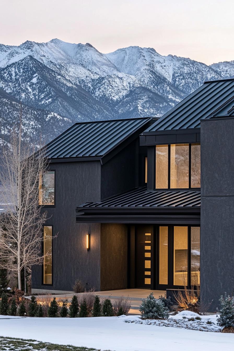 modern house charcoal stucco facade with black metal roof winter mountains in the background 3