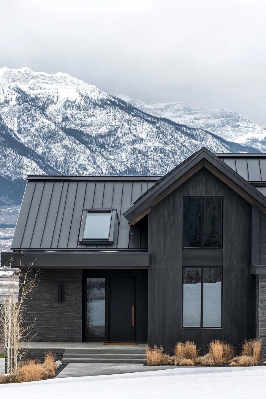 modern house charcoal stucco facade with black metal roof winter mountains in the background