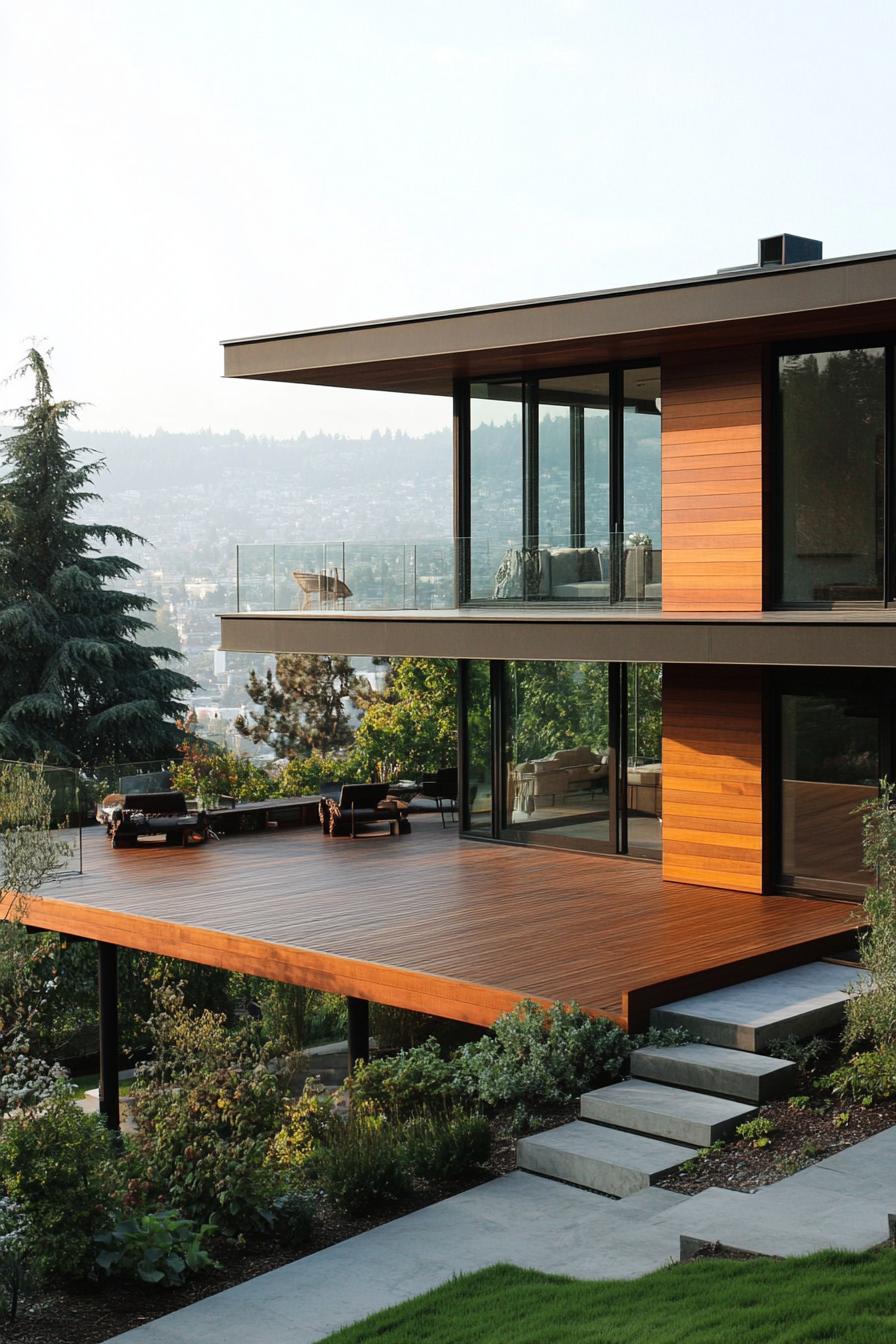 modern house on a slope with cantilevered deck and lush mountain views 2