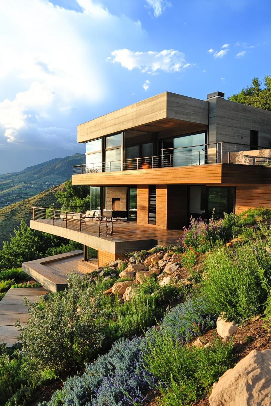 modern house on a slope with cantilevered deck and lush mountain views 3