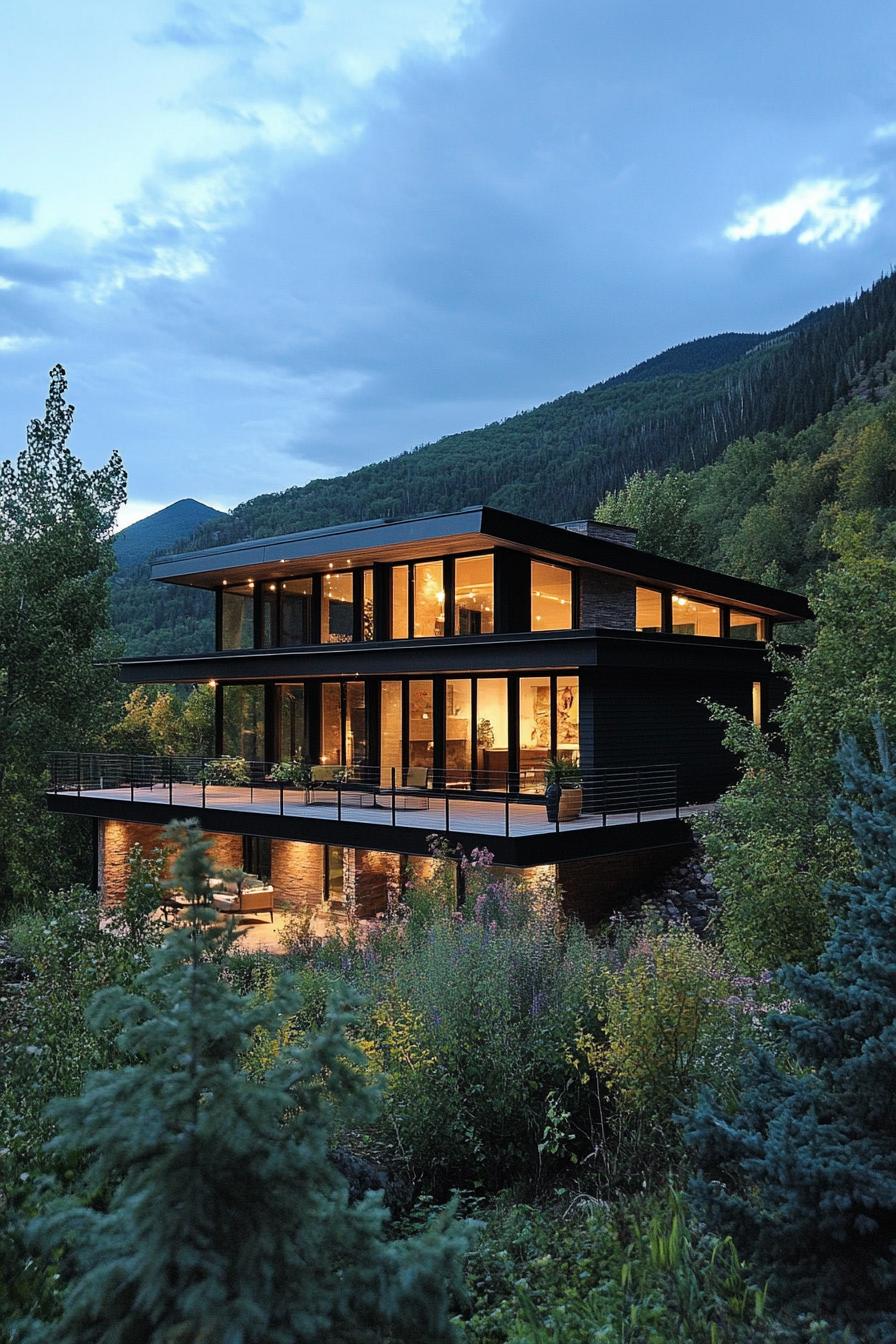 modern house on a slope with cantilevered deck and lush mountain views