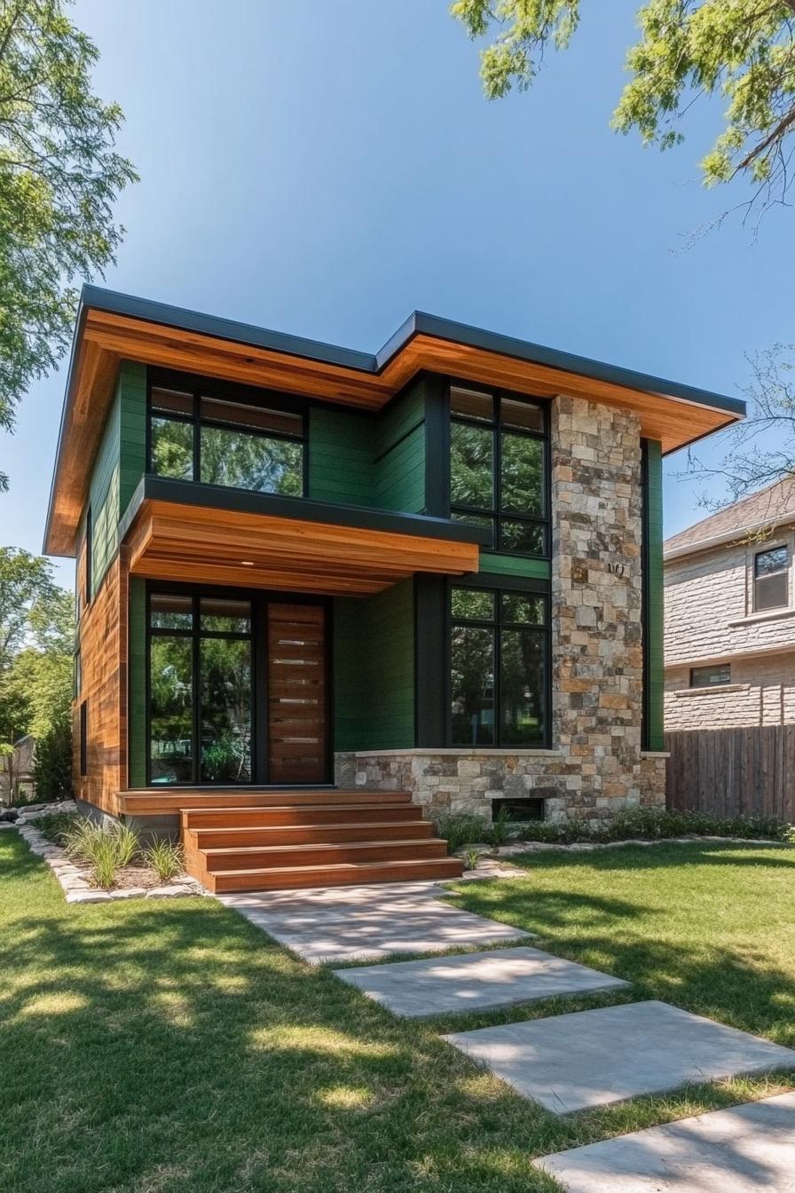 modern house with green color facade with reclaimed wood painted green and stone accents 1