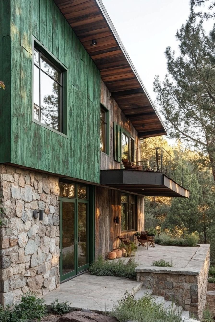 modern house with green color facade with reclaimed wood painted green and stone accents 2