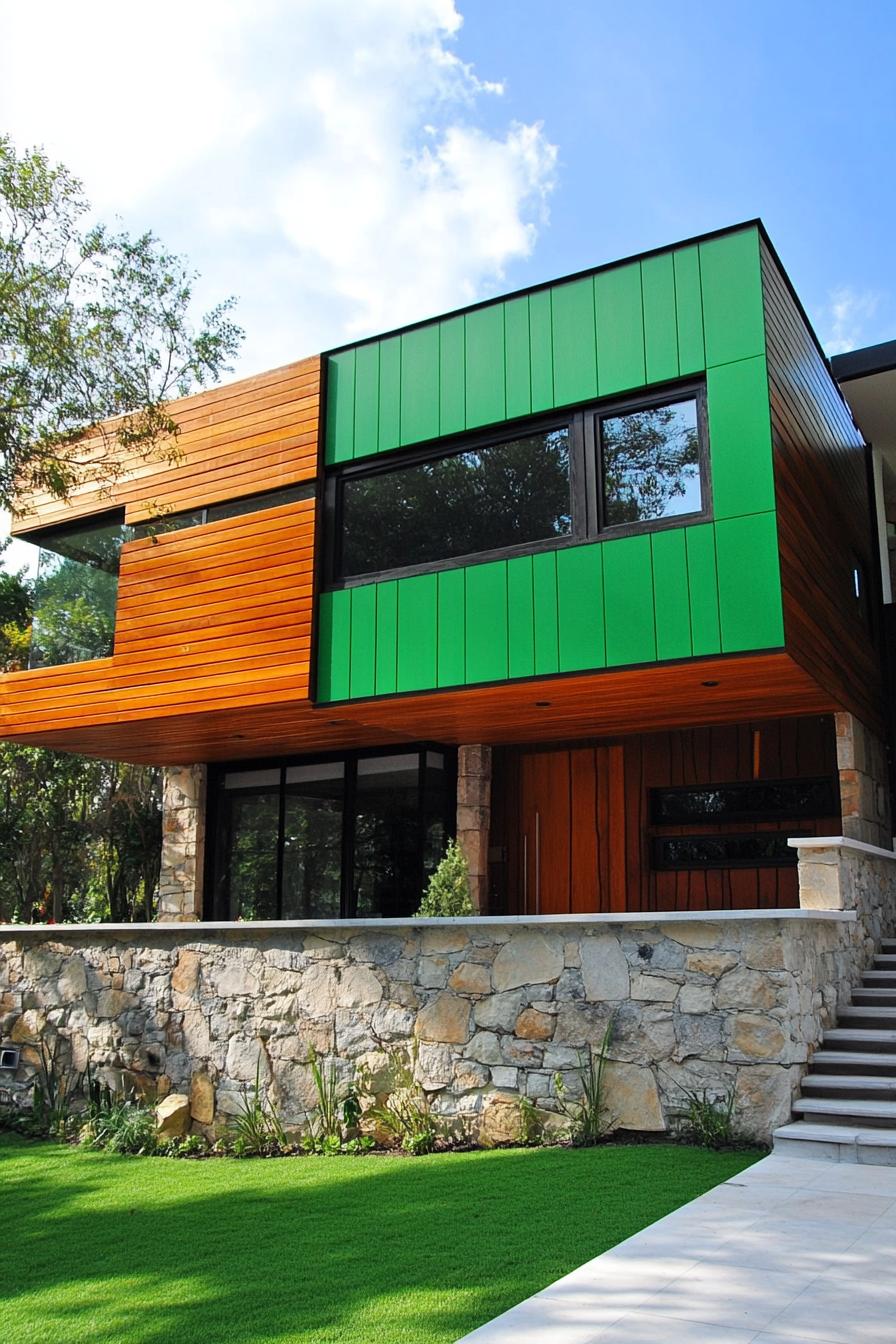 modern house with green color facade with reclaimed wood painted green and stone accents 3