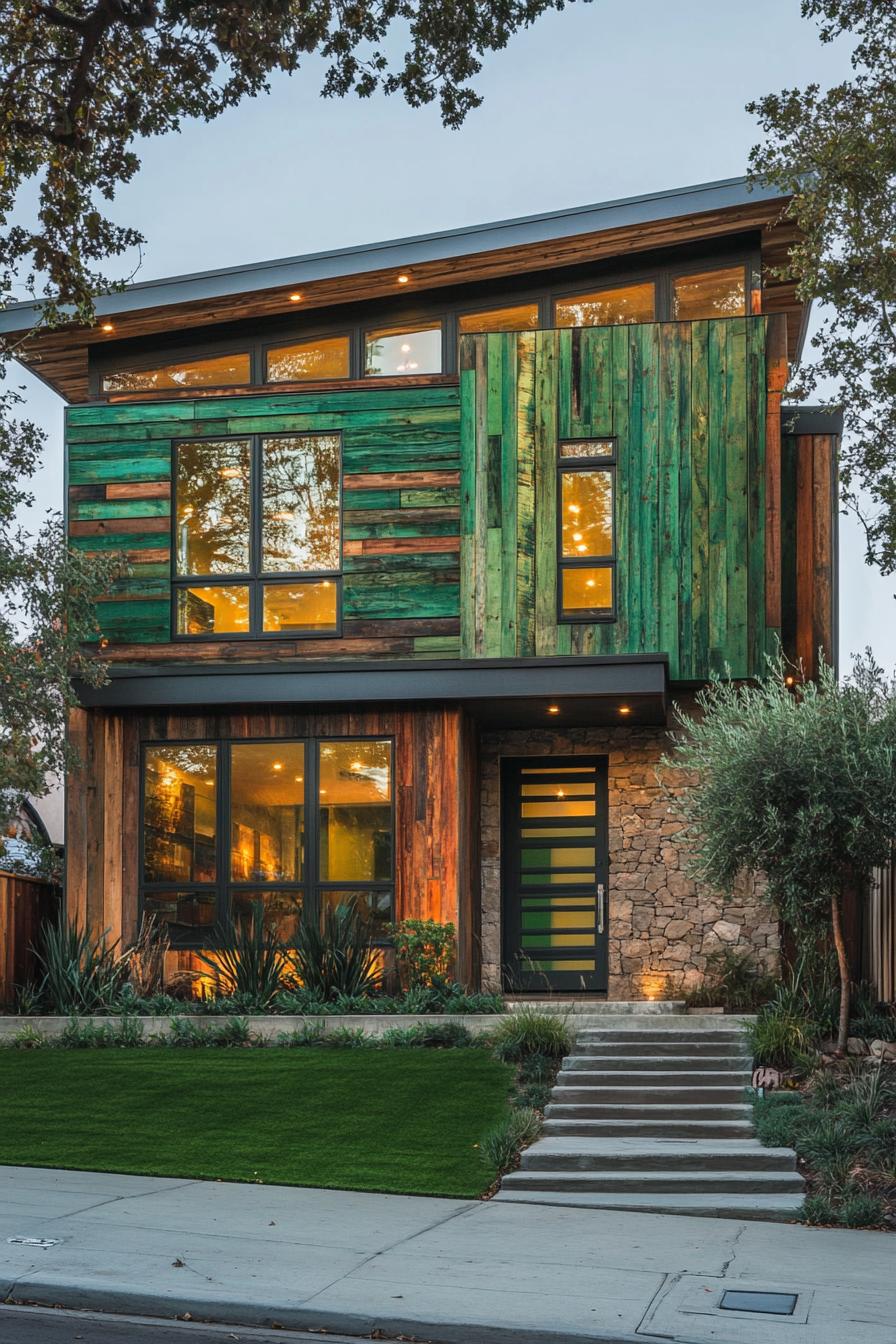 modern house with green color facade with reclaimed wood painted green and stone accents