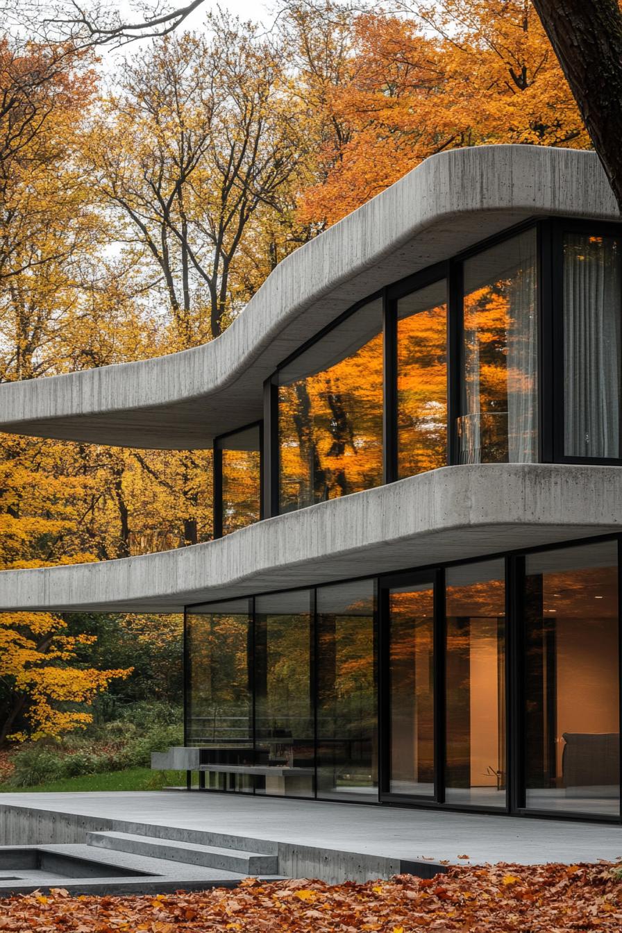 modern house with precast concrete facade in art deco zigzags maple forest in the background in autumn 1