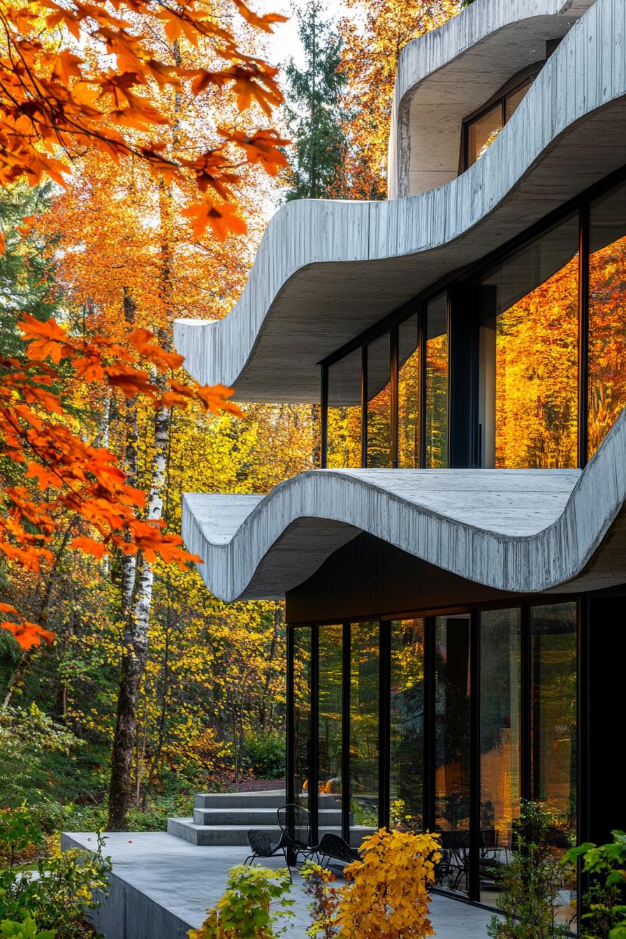 modern house with precast concrete facade in art deco zigzags maple forest in the background in autumn 2