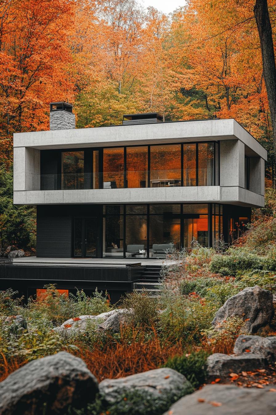 modern house with precast concrete facade in art deco zigzags maple forest in the background in autumn 3