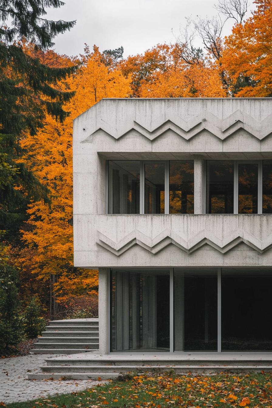 modern house with precast concrete facade in art deco zigzags maple forest in the background in autumn