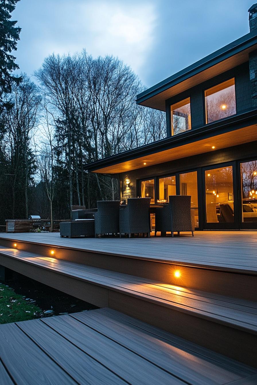 modern house wraparound deck with LED lighting