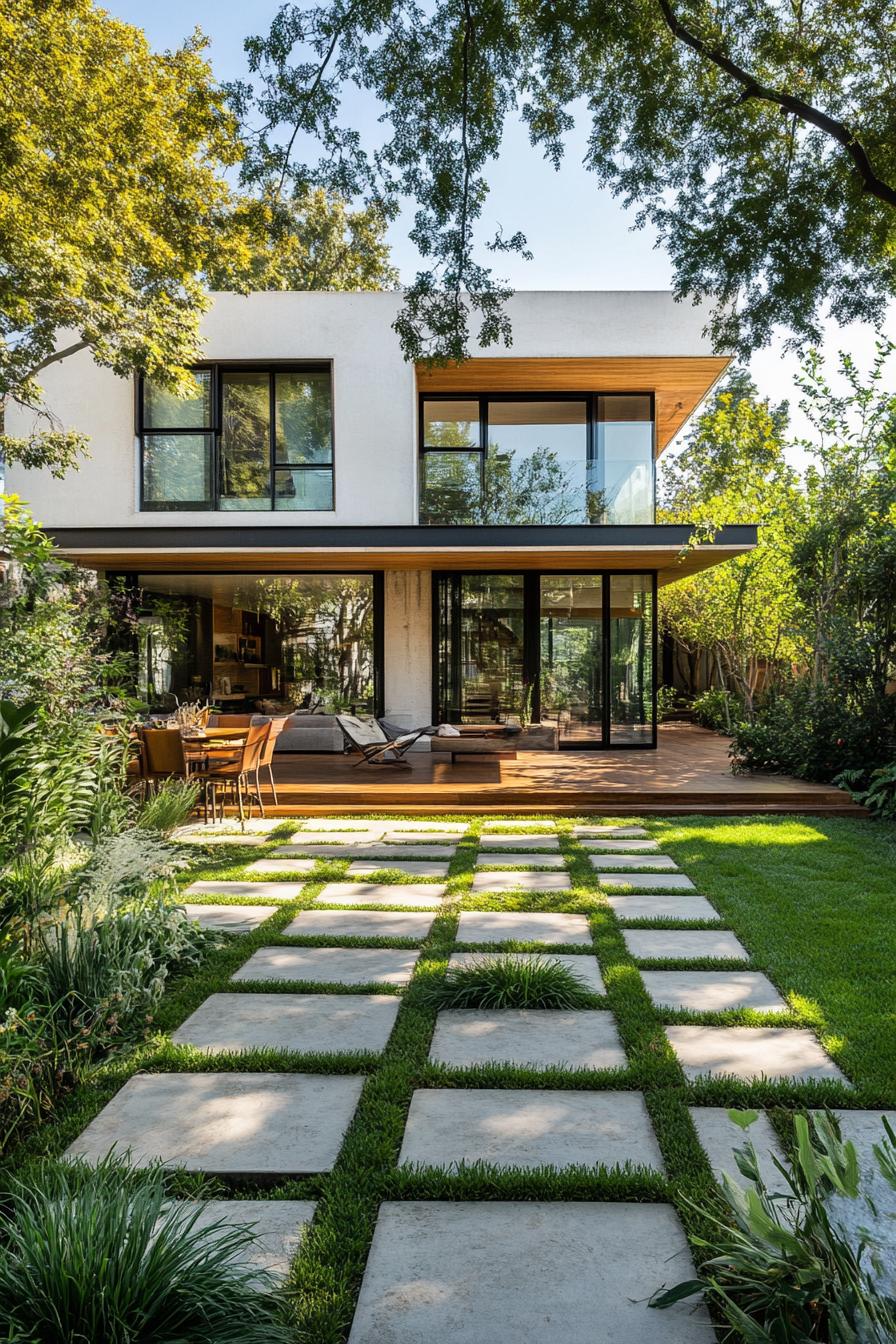 modern house yard with geometric paver path