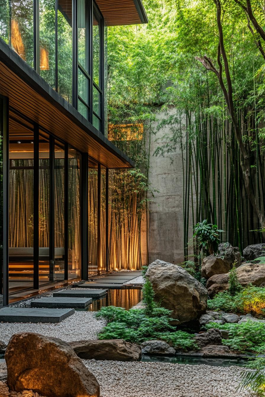 modern house zen garden with lush bamboo forest views