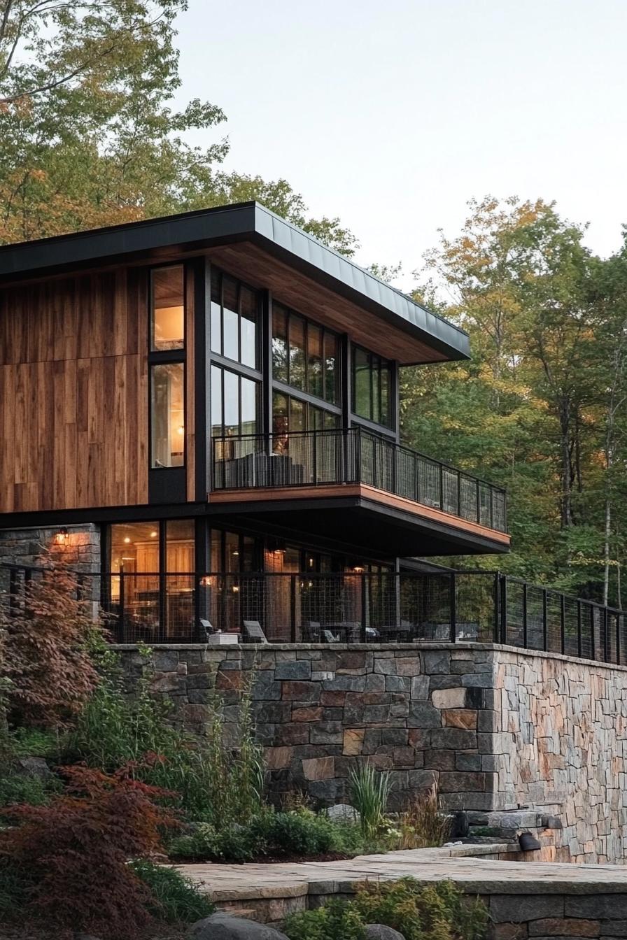 modern lakeside hill house with rustic wood siding and stone foundation overlooking a forest lake 1