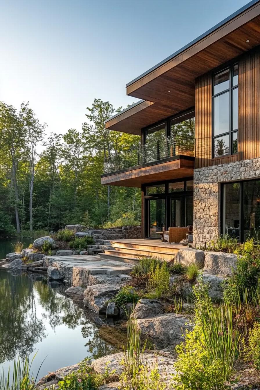 modern lakeside hill house with rustic wood siding and stone foundation overlooking a forest lake 2