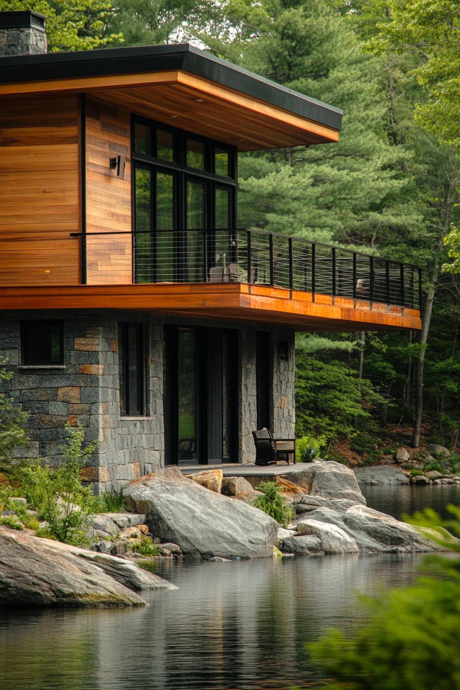 modern lakeside hill house with rustic wood siding and stone foundation overlooking a forest lake 3