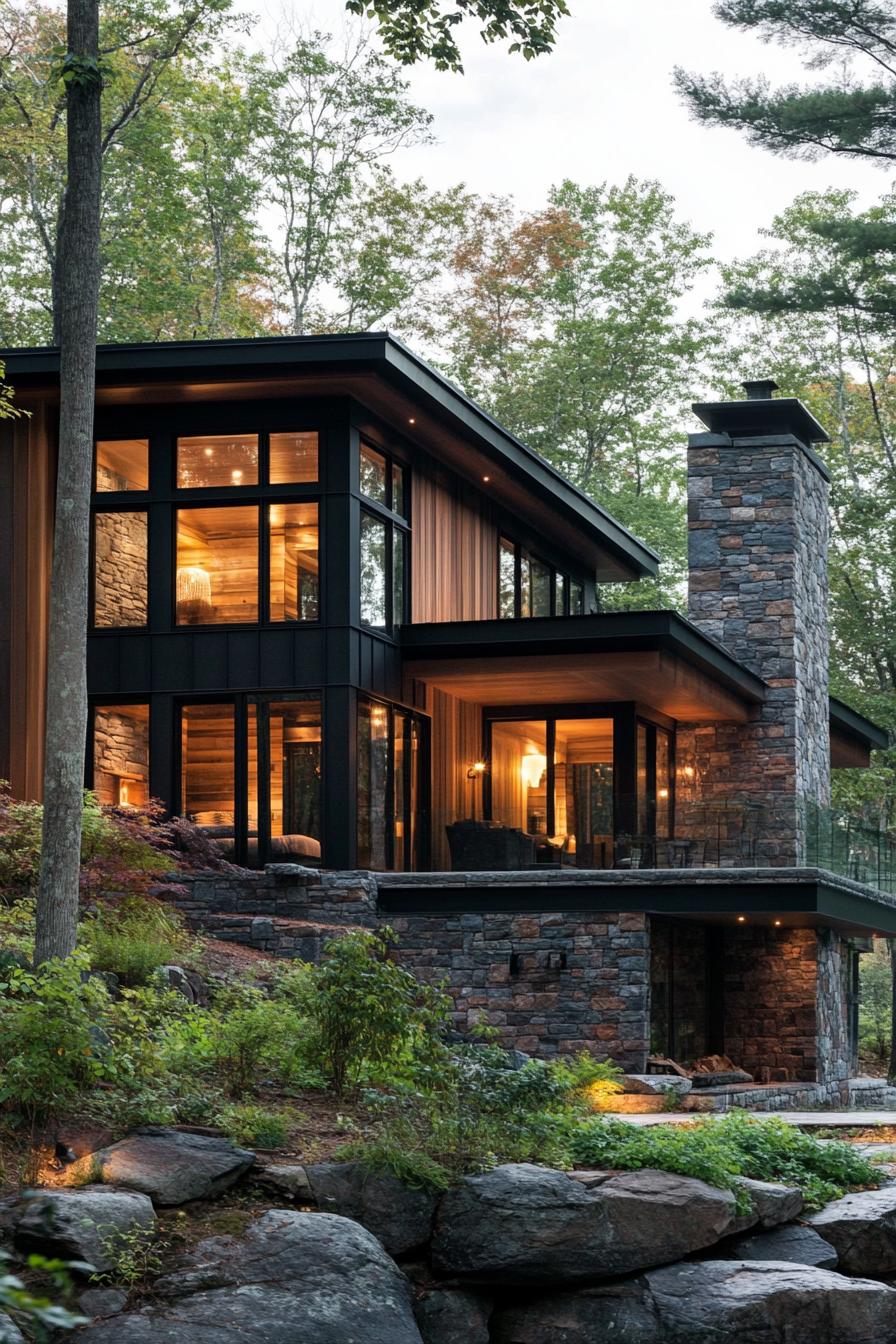 modern lakeside hill house with rustic wood siding and stone foundation overlooking a forest lake