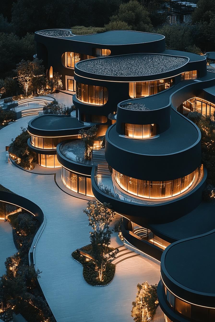 modern luxury giant mansion complex matte black rounded facades with LED lighting view from near above 1