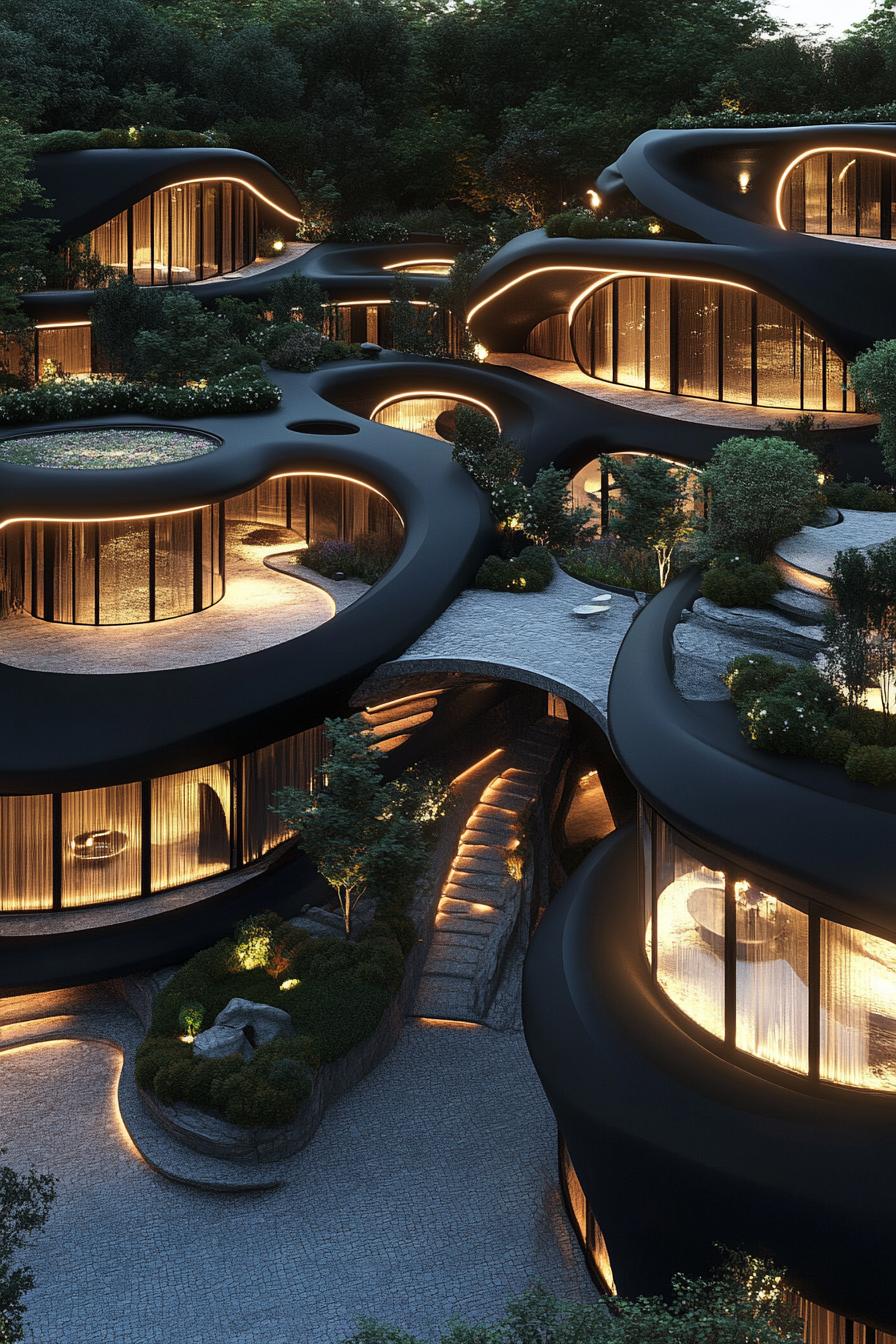 modern luxury giant mansion complex matte black rounded facades with LED lighting view from near above 3