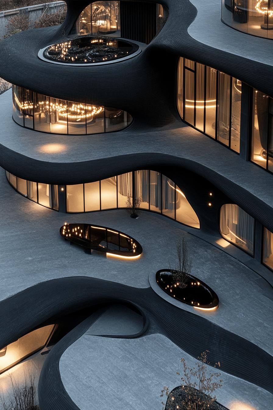 modern luxury giant mansion complex matte black rounded facades with LED lighting view from near above